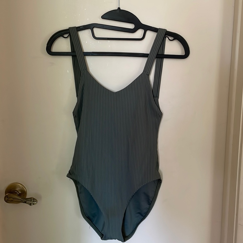 Vitamin A v neck, low back one piece swimsuit, sea green eco rib